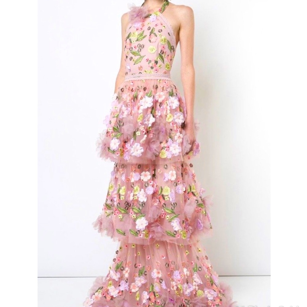 Marchesa Pink Floral Applique Tiered Ruffle Gown
